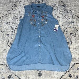 Terre Bleue Denim Blue Embroidered Sleeveless Button Front Dress XXL